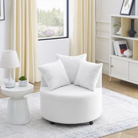 Teddy Fabric Swivel Accent Backchair Upholstered Luxury Lounge Chair for Living Room Bedroom, with Movable Wheels, Including 3 Pillows,White