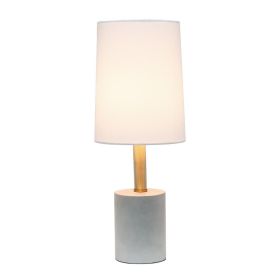 Gray Cement Base Table Lamp with Antique Brass Details, White Fabric Shade
