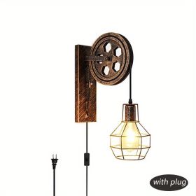 Retro Industrial Wall Sconce, 1Pack Antique Brass Vintage Plug In Wall Lighting, Industrial Lantern Retro Lamp Metal Wall Light Fixtures For Bedside B (STYLE: Plug)