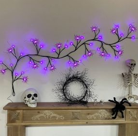 6 Ft 54 LED Halloween Willow Vine Twig 18 LED Pumpkins & Spiders, 36 Orange & Purple Halloween Lights Waterproof Battery Operated Garland Halloween Sc (Color: purple)