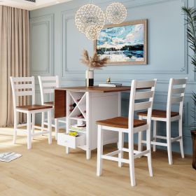 Farmhouse Wood Counter Height 5-Piece Dining Table Set with Drop Leaf, Kitchen Set with Wine Rack and Drawers for Small Places (Main Color: White+Walnut, Main Material: Solid Wood)
