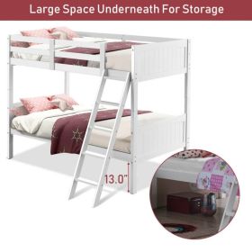 Wooden Twin Over Twin Bunk Beds with Ladder and Safety Rail (Color: White)