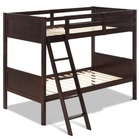 Wooden Twin Over Twin Bunk Beds with Ladder and Safety Rail (Color: Brown)